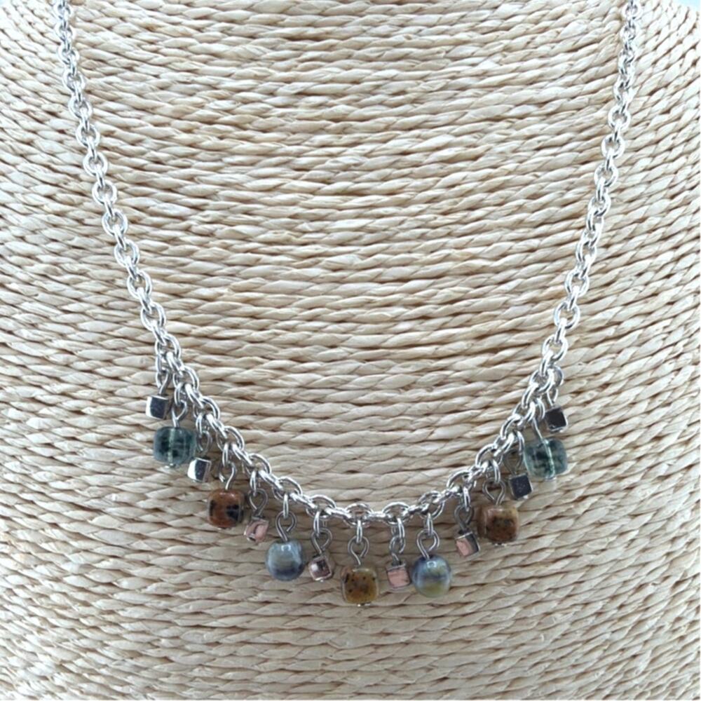 Vintage Monet Silver Tone Earthy Gemstone Charm Necklace
